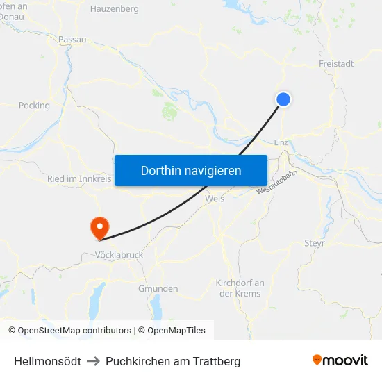 Hellmonsödt to Puchkirchen am Trattberg map