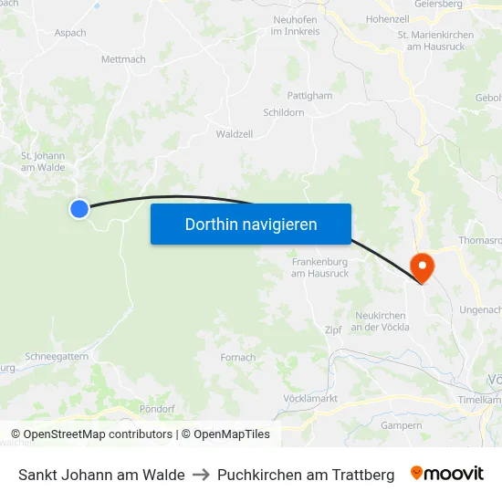 Sankt Johann am Walde to Puchkirchen am Trattberg map