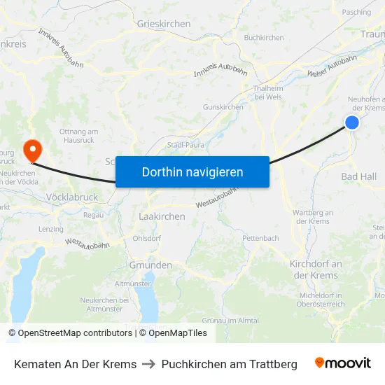 Kematen An Der Krems to Puchkirchen am Trattberg map