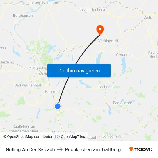 Golling An Der Salzach to Puchkirchen am Trattberg map
