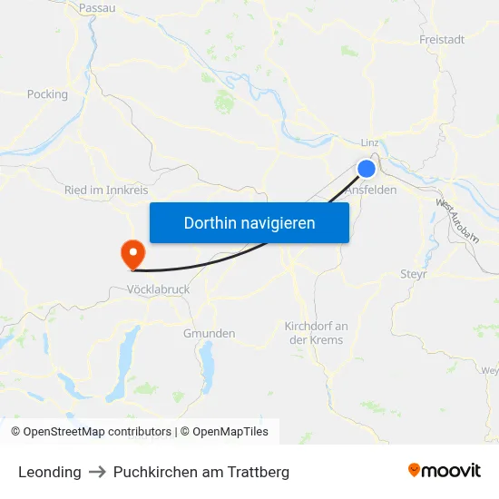 Leonding to Puchkirchen am Trattberg map