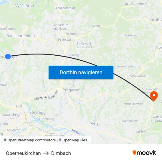 Oberneukirchen to Dimbach map