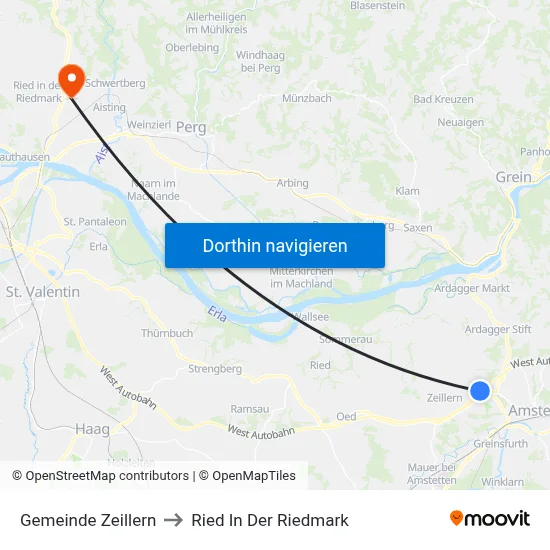 Gemeinde Zeillern to Ried In Der Riedmark map