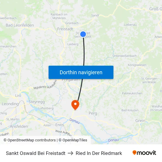 Sankt Oswald Bei Freistadt to Ried In Der Riedmark map