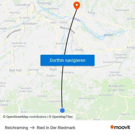 Reichraming to Ried In Der Riedmark map