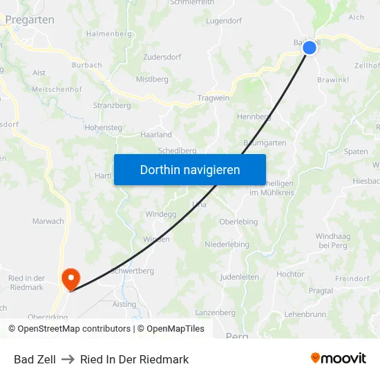 Bad Zell to Ried In Der Riedmark map