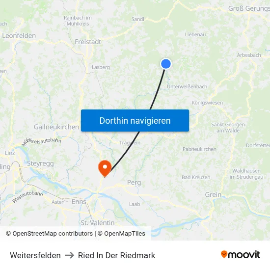 Weitersfelden to Ried In Der Riedmark map