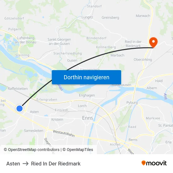 Asten to Ried In Der Riedmark map