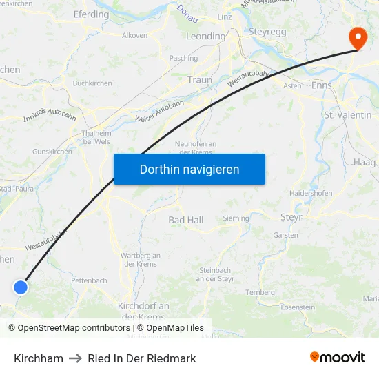 Kirchham to Ried In Der Riedmark map