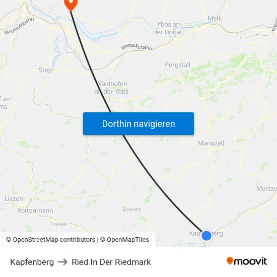 Kapfenberg to Ried In Der Riedmark map