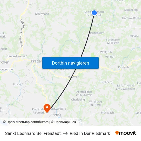Sankt Leonhard Bei Freistadt to Ried In Der Riedmark map