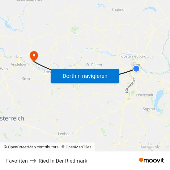Favoriten to Ried In Der Riedmark map