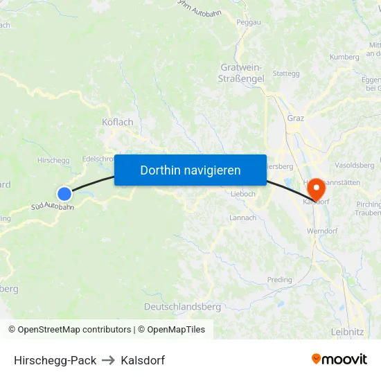 Hirschegg-Pack to Kalsdorf map