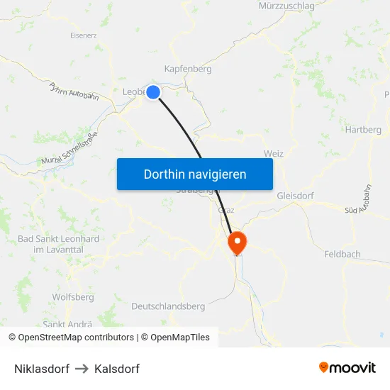 Niklasdorf to Kalsdorf map