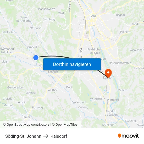 Söding-St. Johann to Kalsdorf map