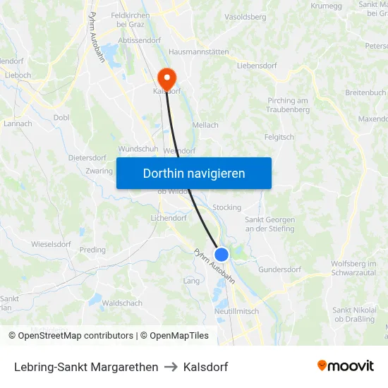 Lebring-Sankt Margarethen to Kalsdorf map