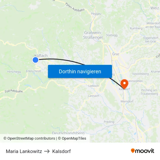 Maria Lankowitz to Kalsdorf map
