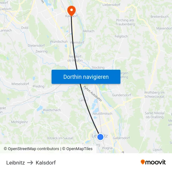 Leibnitz to Kalsdorf map