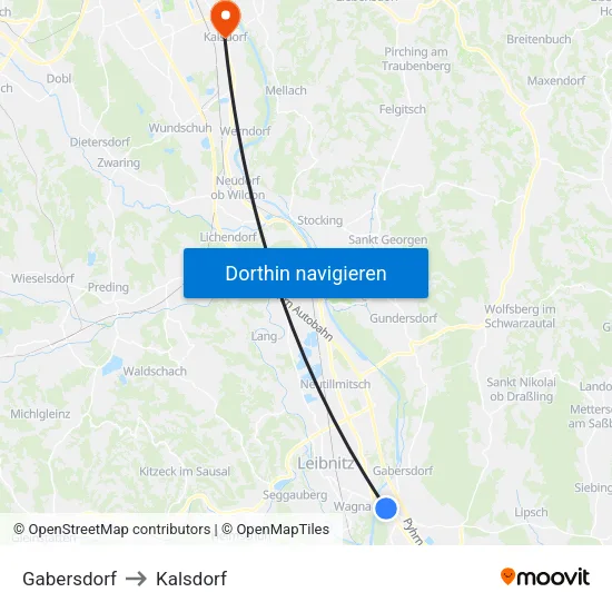 Gabersdorf to Kalsdorf map