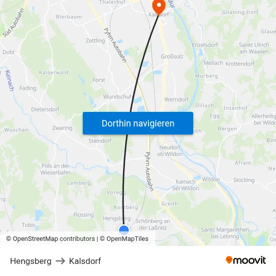 Hengsberg to Kalsdorf map