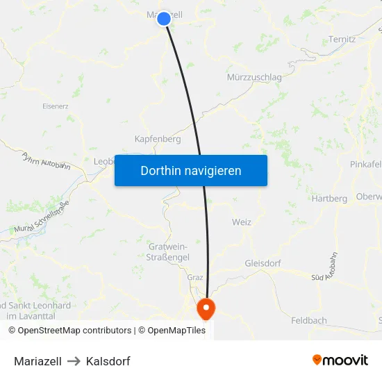 Mariazell to Kalsdorf map