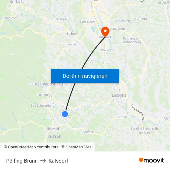 Pölfing-Brunn to Kalsdorf map