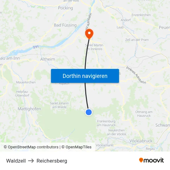 Waldzell to Reichersberg map