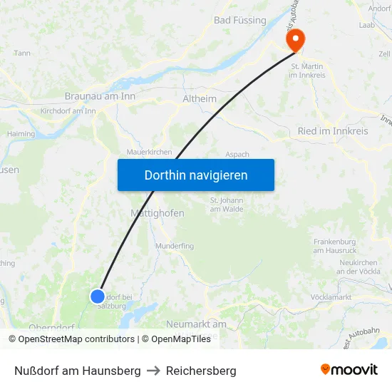 Nußdorf am Haunsberg to Reichersberg map