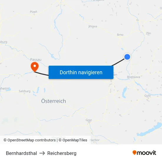 Bernhardsthal to Reichersberg map