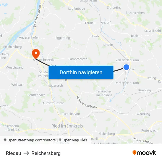 Riedau to Reichersberg map