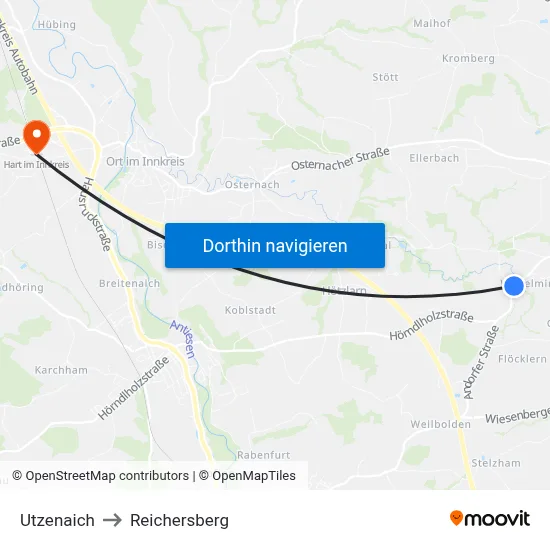 Utzenaich to Reichersberg map