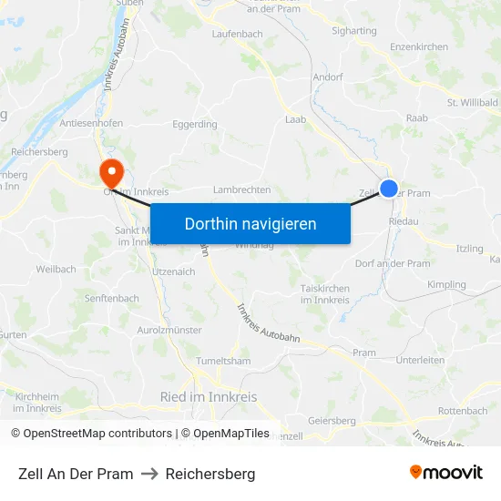 Zell An Der Pram to Reichersberg map