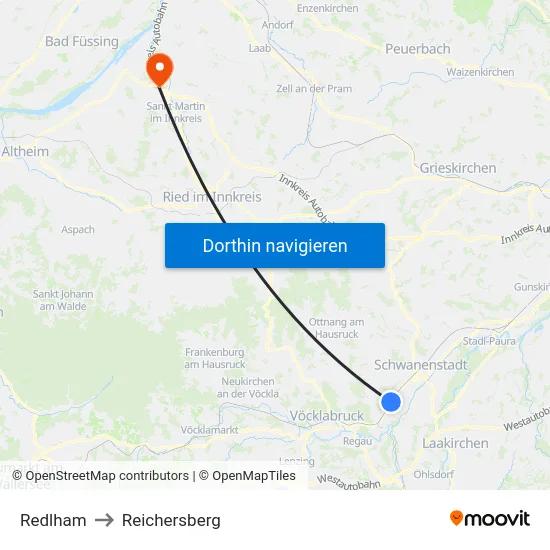 Redlham to Reichersberg map