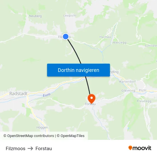 Filzmoos to Forstau map