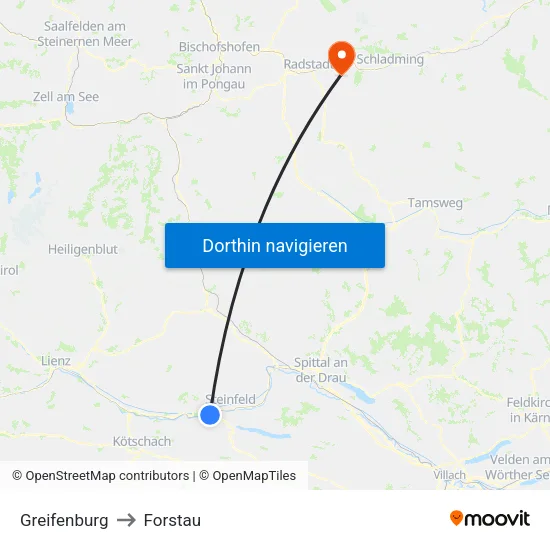 Greifenburg to Forstau map