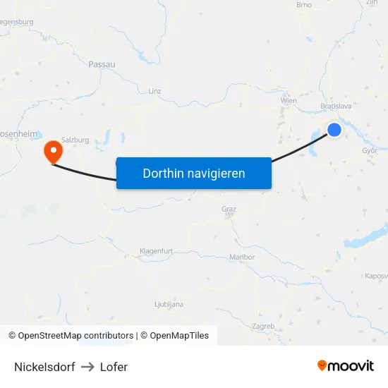Nickelsdorf to Lofer map