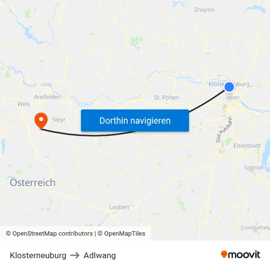 Klosterneuburg to Adlwang map