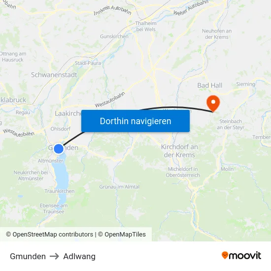 Gmunden to Adlwang map