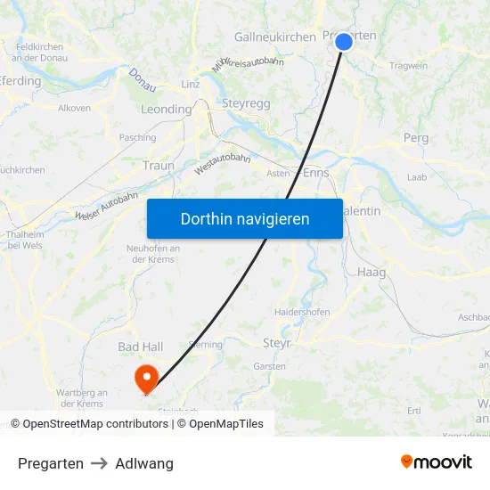 Pregarten to Adlwang map