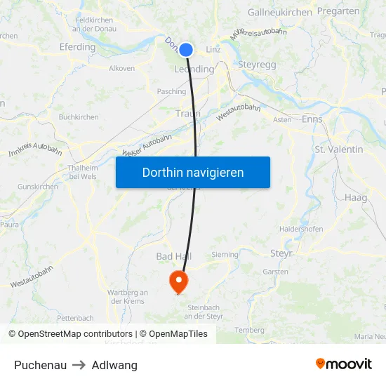 Puchenau to Adlwang map