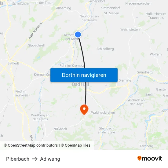 Piberbach to Adlwang map