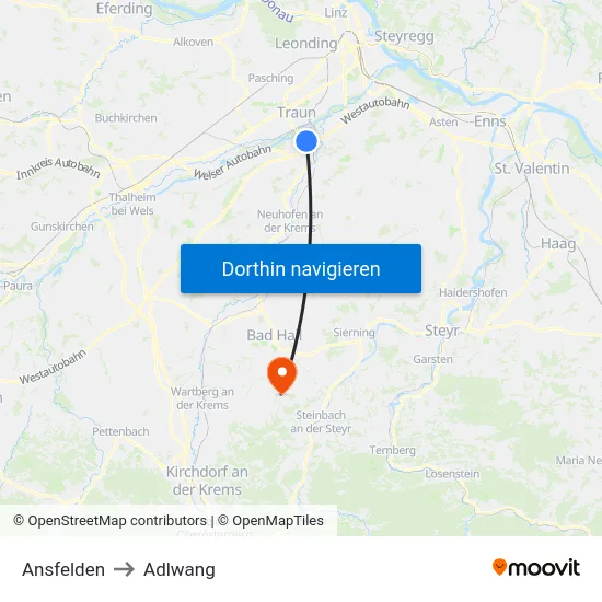 Ansfelden to Adlwang map