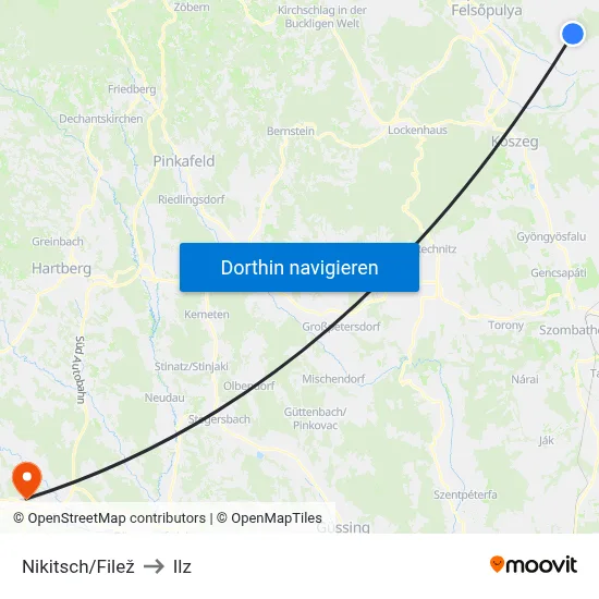 Nikitsch/Filež to Ilz map