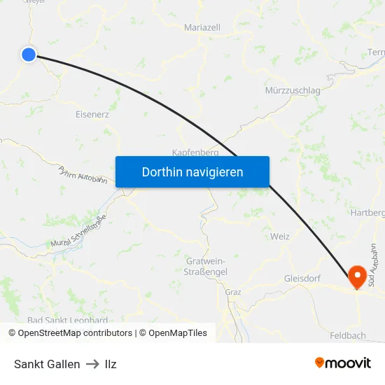Sankt Gallen to Ilz map