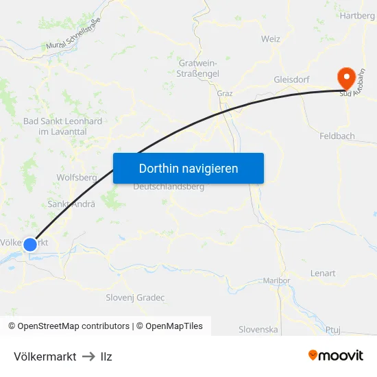 Völkermarkt to Ilz map
