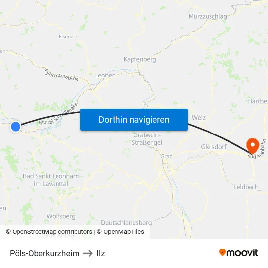 Pöls-Oberkurzheim to Ilz map