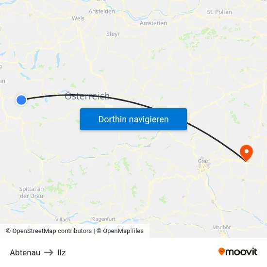 Abtenau to Ilz map