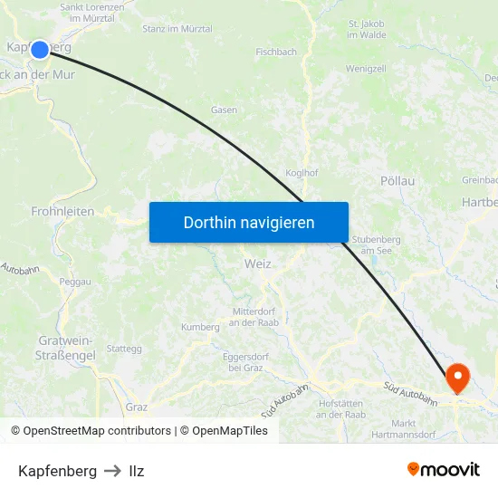 Kapfenberg to Ilz map
