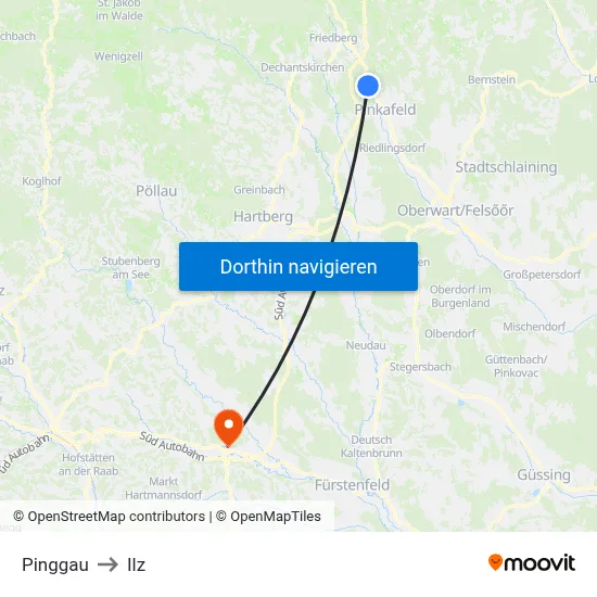 Pinggau to Ilz map