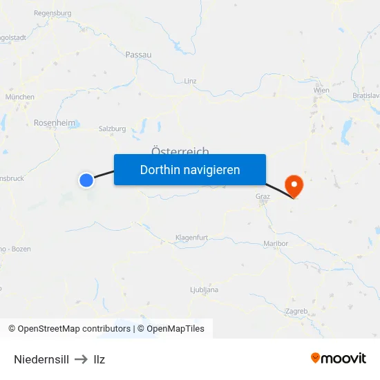 Niedernsill to Ilz map
